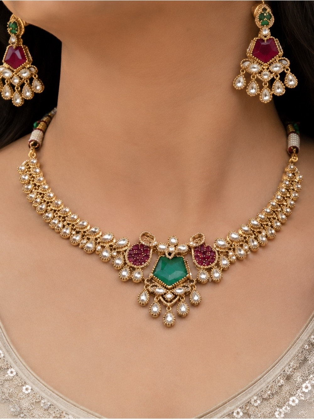 Gold-Tone Necklace Set with Emerald Green and Ruby Accents